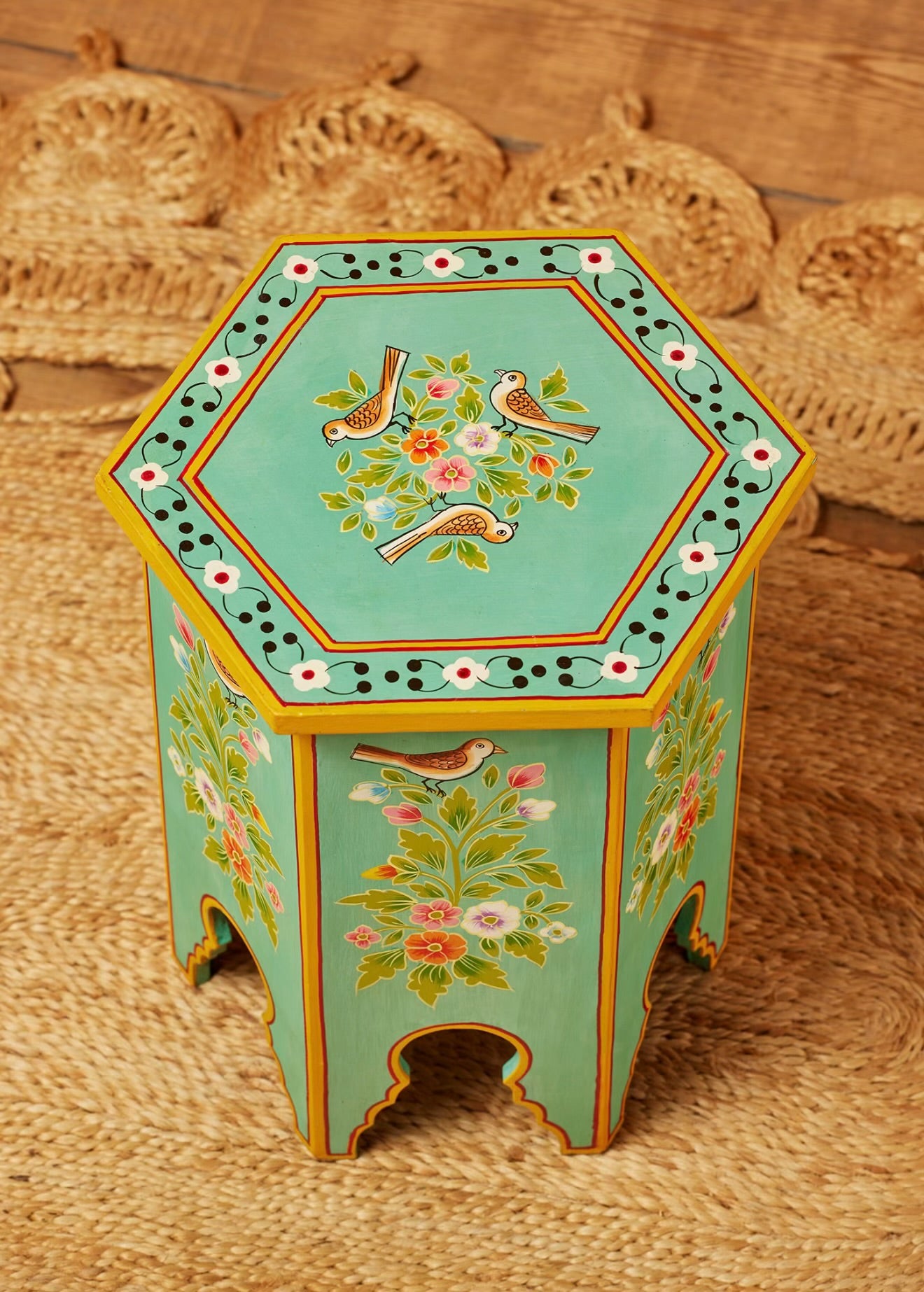 Smaller Chaman hand-painted hexagonal side table with floral and bird artwork