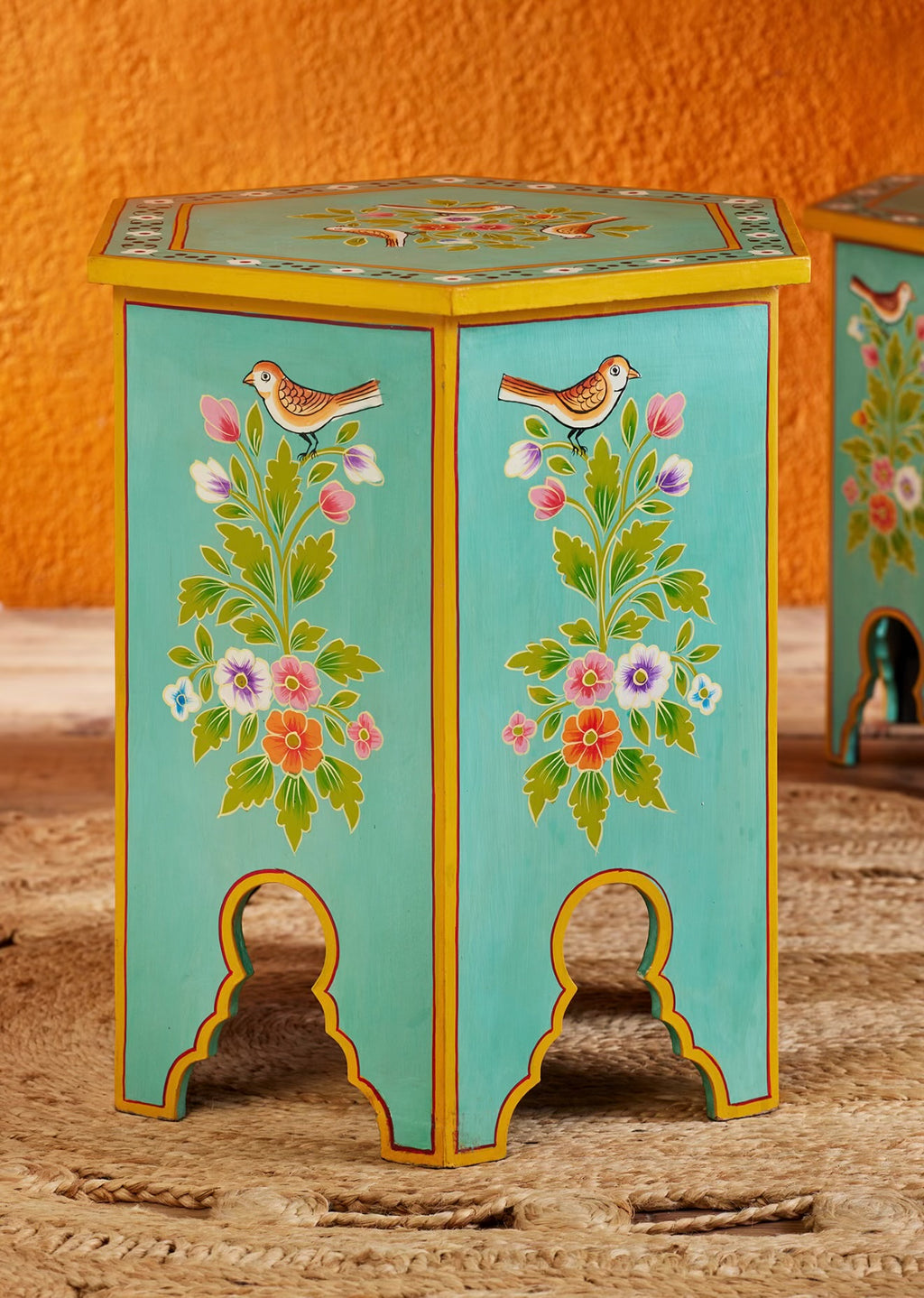 Taller Chaman hand-painted turquoise hexagonal side table with floral bird panels