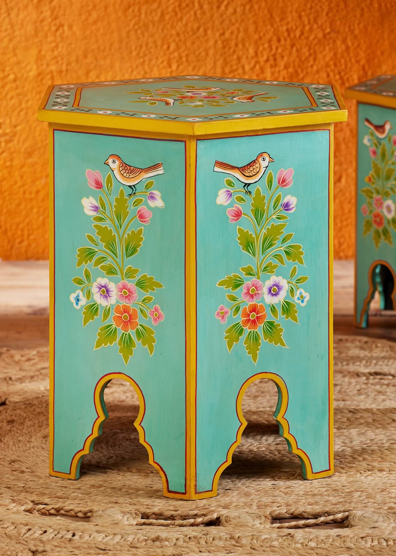 Taller Chaman hand-painted turquoise hexagonal side table with floral bird panels