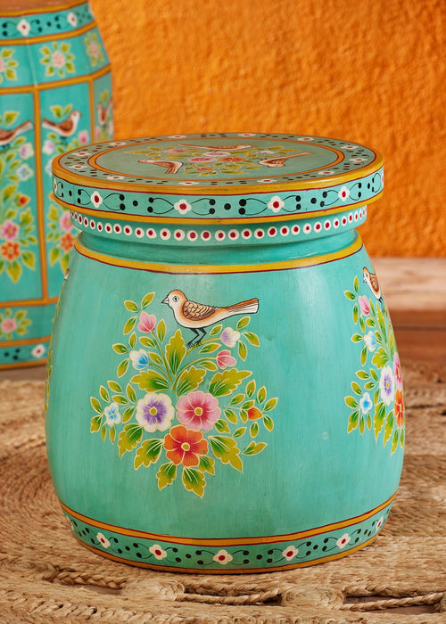 Hand-painted turquoise drum side table with floral and bird motifs