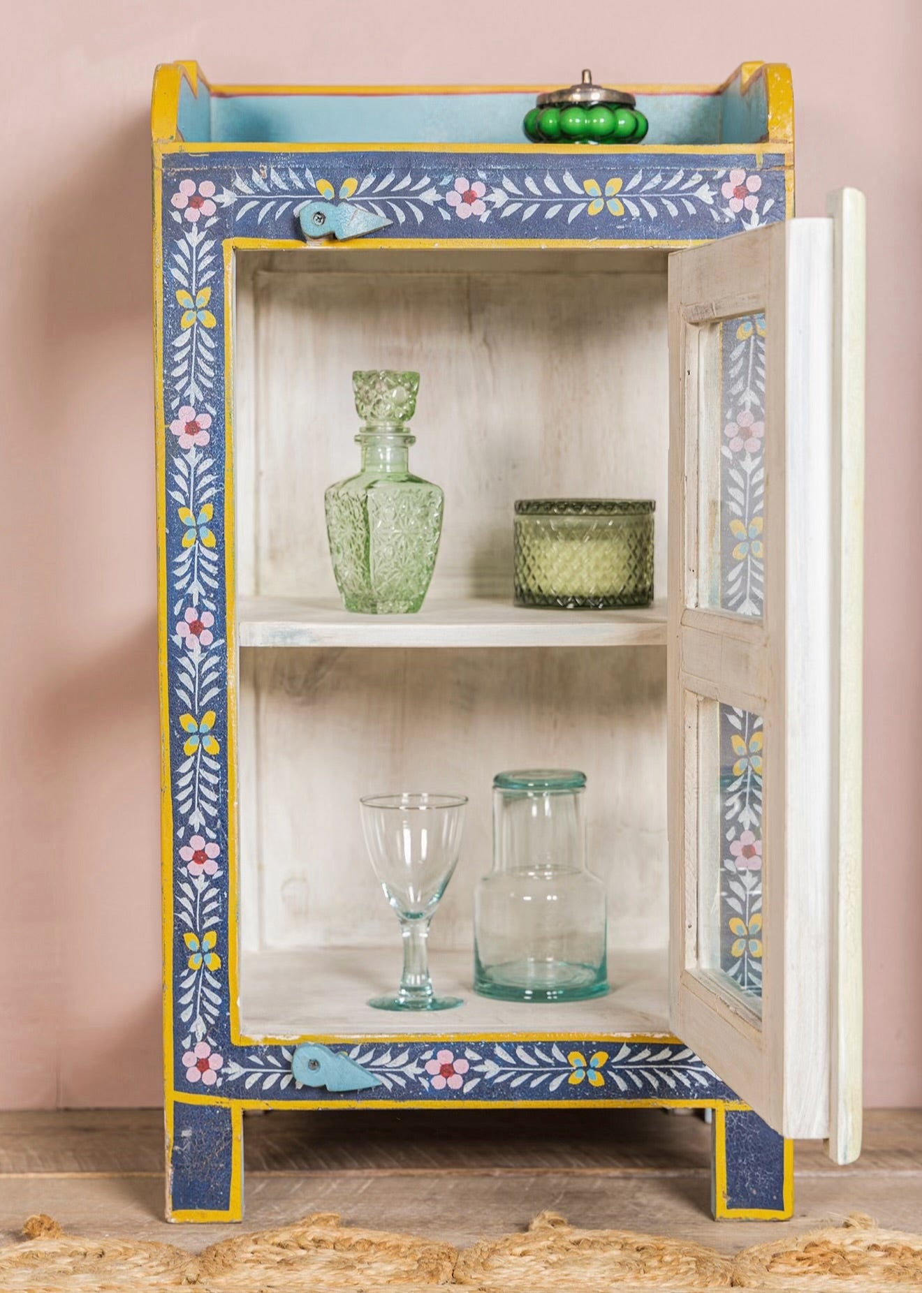Open view of The Neelam hand-painted glass display cabinet showing two internal shelves