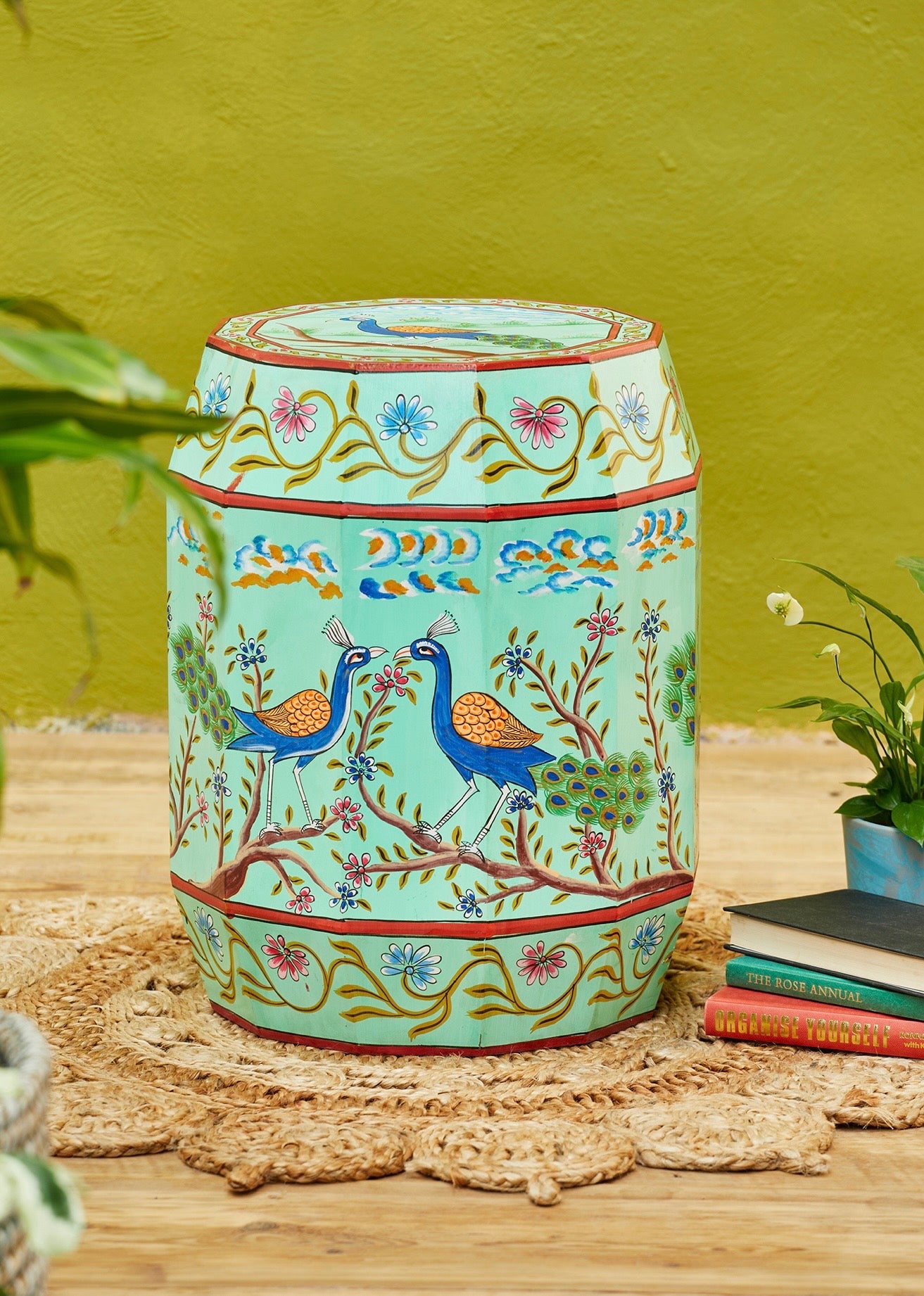 Morni hand-painted peacock accent stool