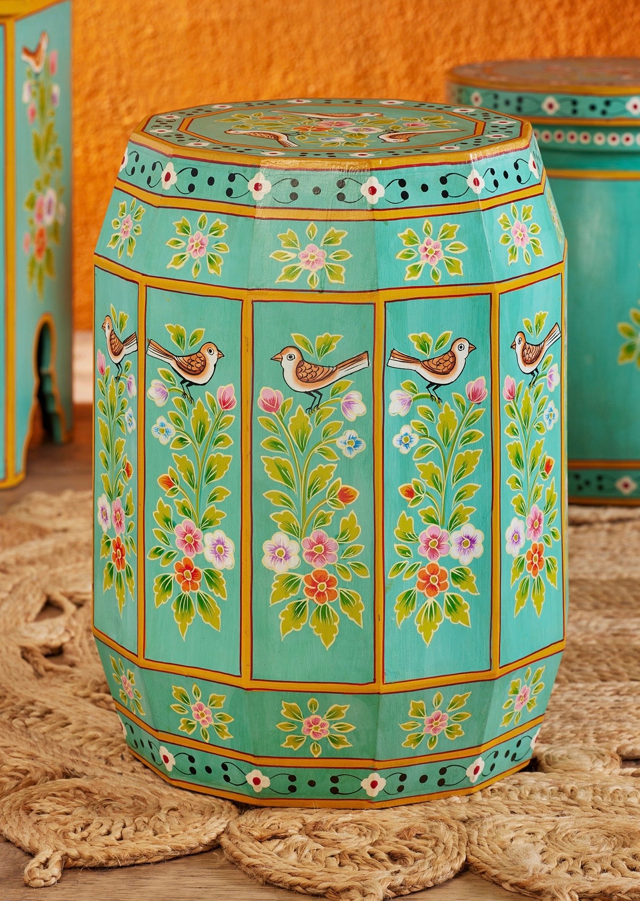 The Bulbul Accent Table, hand-painted turquoise side table with floral and bird motifs