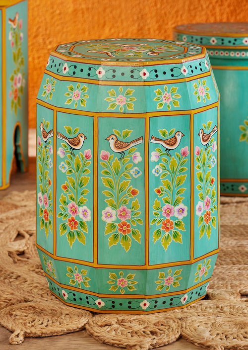 The Bulbul Accent Table, hand-painted turquoise side table with floral and bird motifs